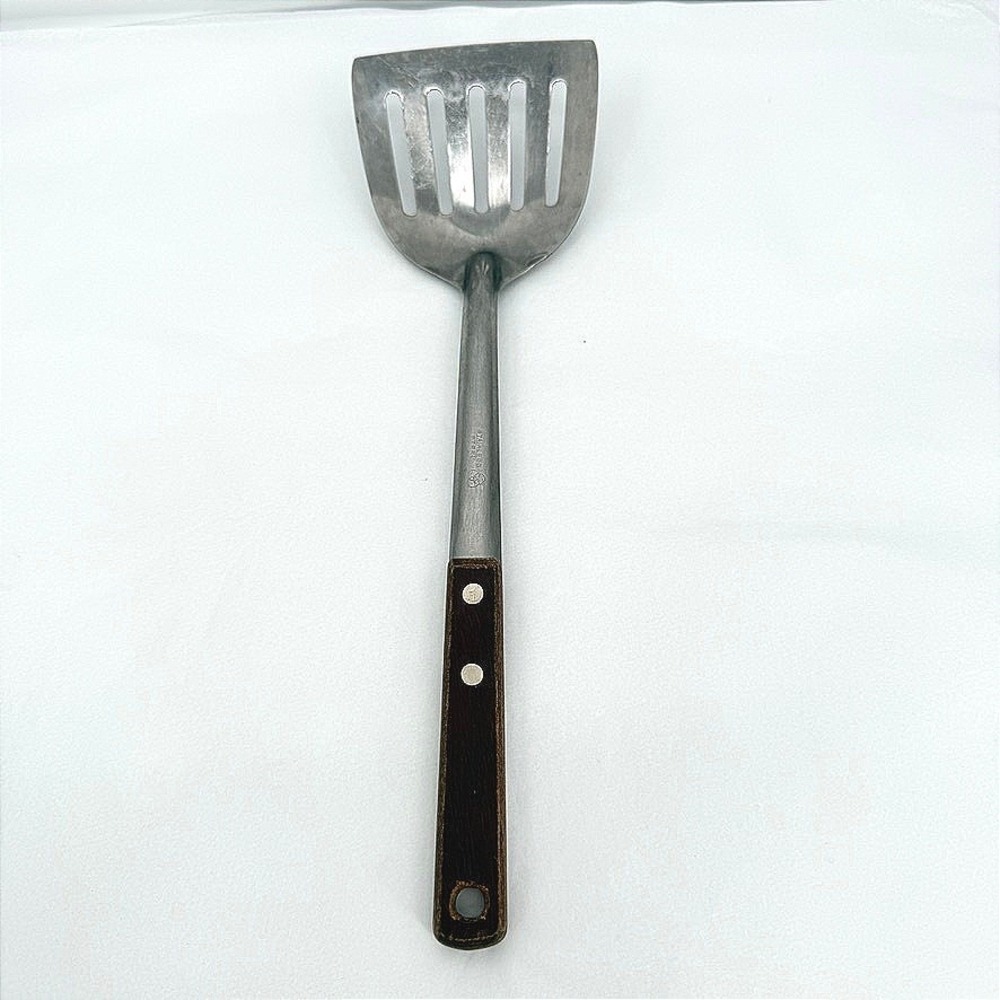 Stainless Steel VTG Curved Spatula Slotted Wood Handle Kitchen Tool 12.5"